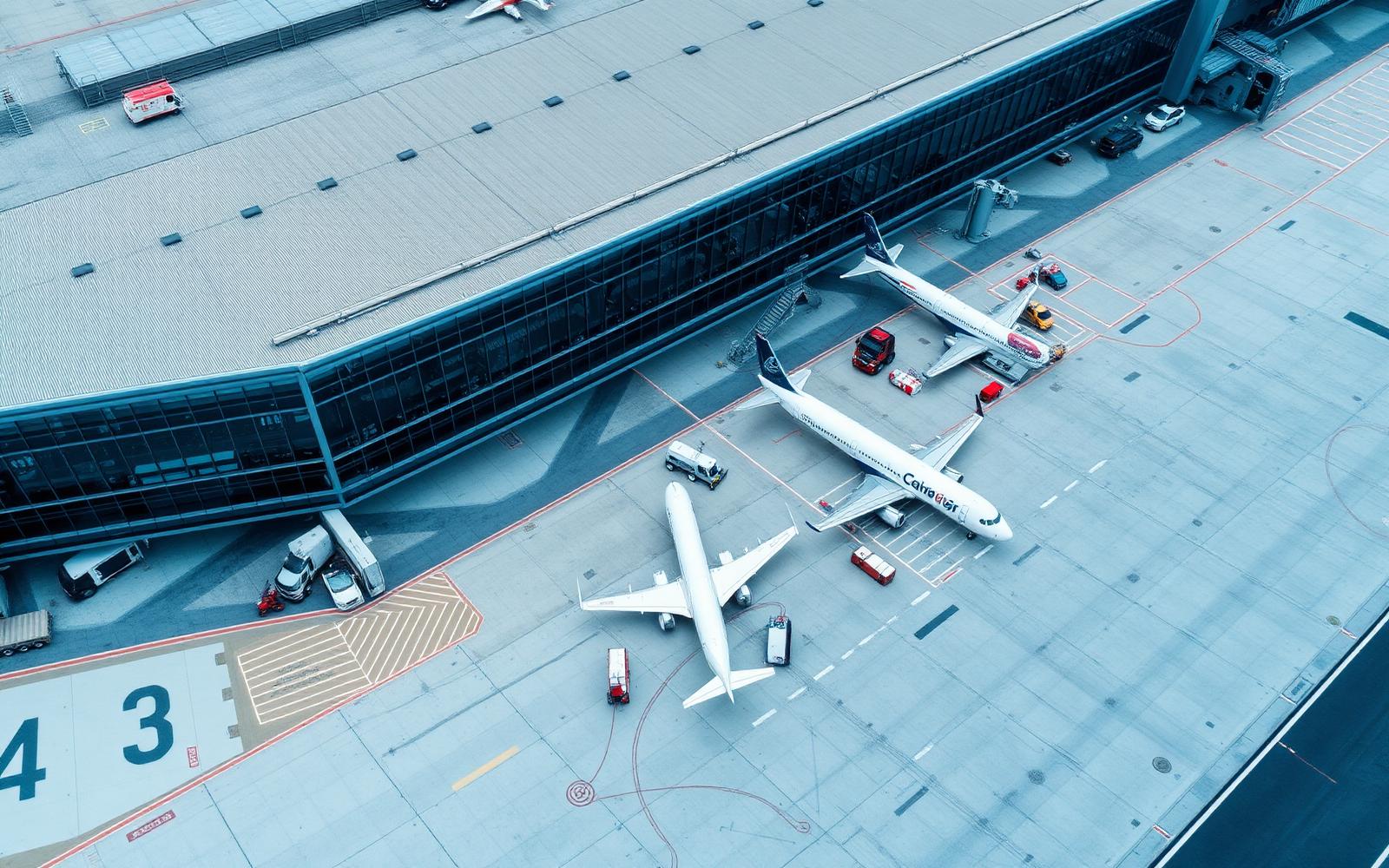 Aerial view of an airport terminal with aircraft on the apron