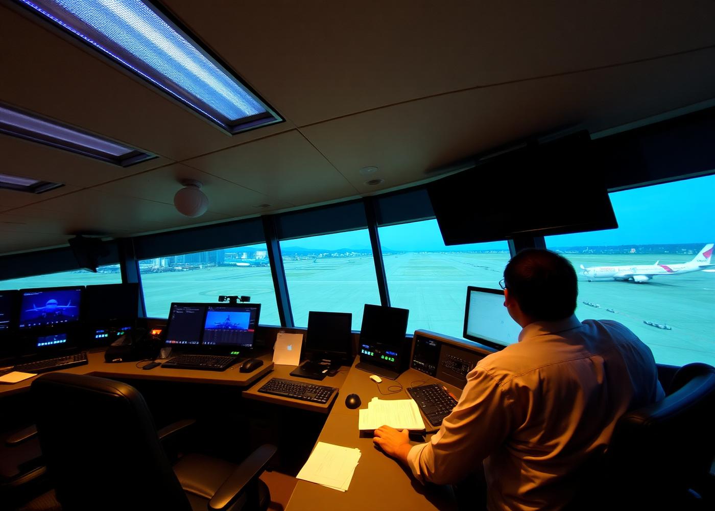 Air traffic control operator monitoring the apron at dusk