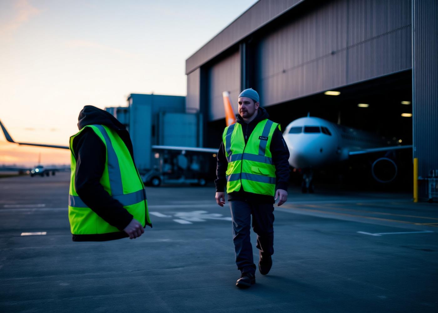Engineers in high-visibility vests walking past an aircraft hangar at dusk